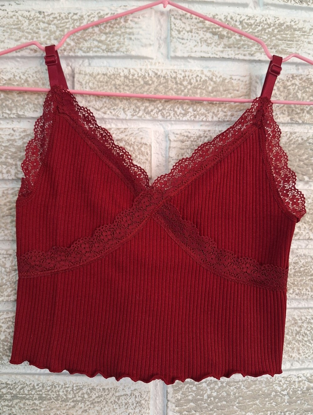 Crop Cami - Red Ribbed Lace Y2K 90s Grunge Crop Top XS